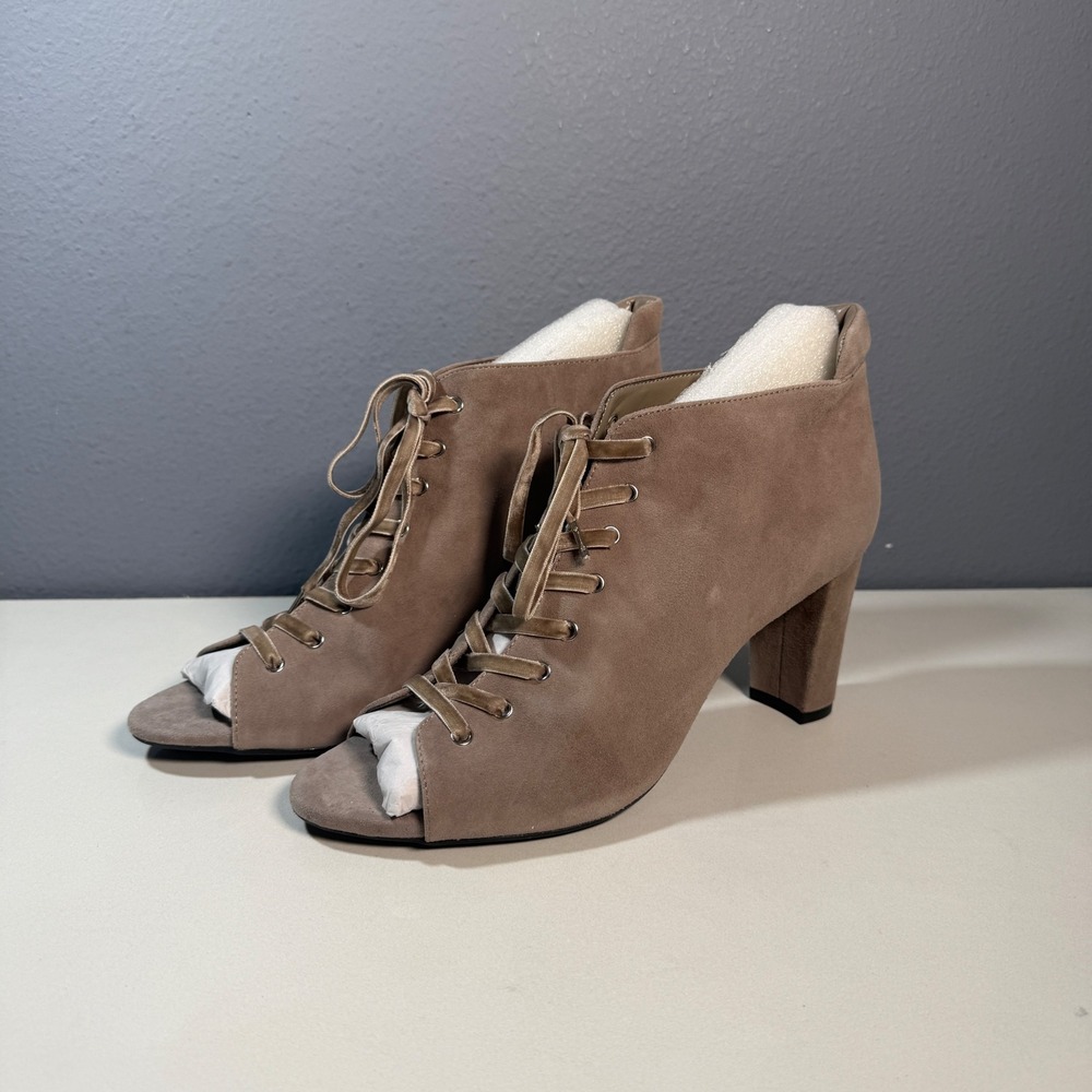 Aerosoles Booties Womens 10.5 Taupe Suede Lace Up Peep Toe Block Heel